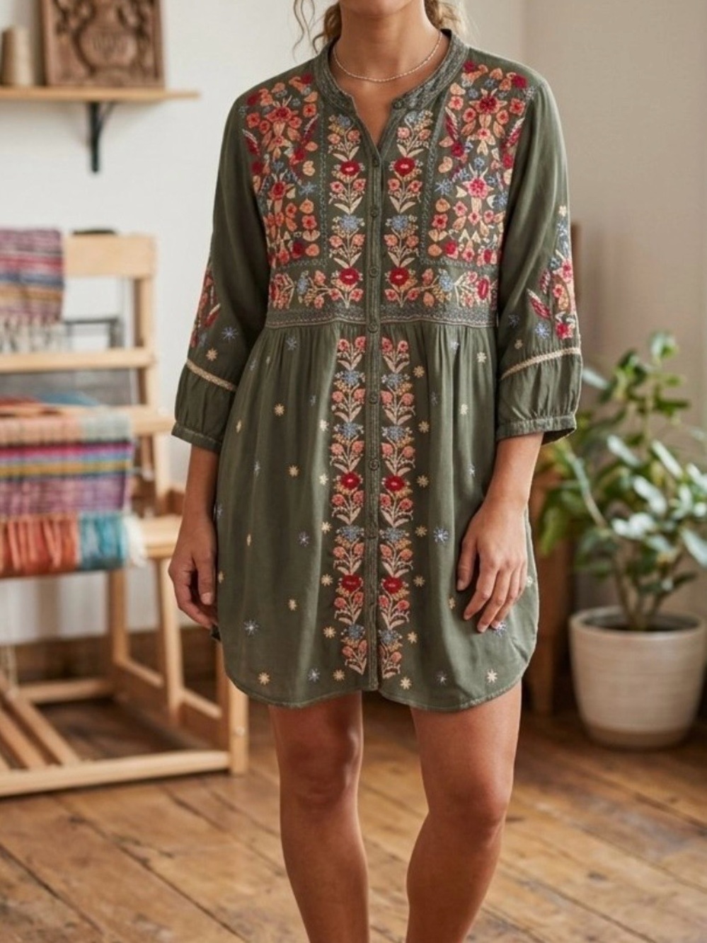 Johnny Was Olive Green Embroidered Mini Dress